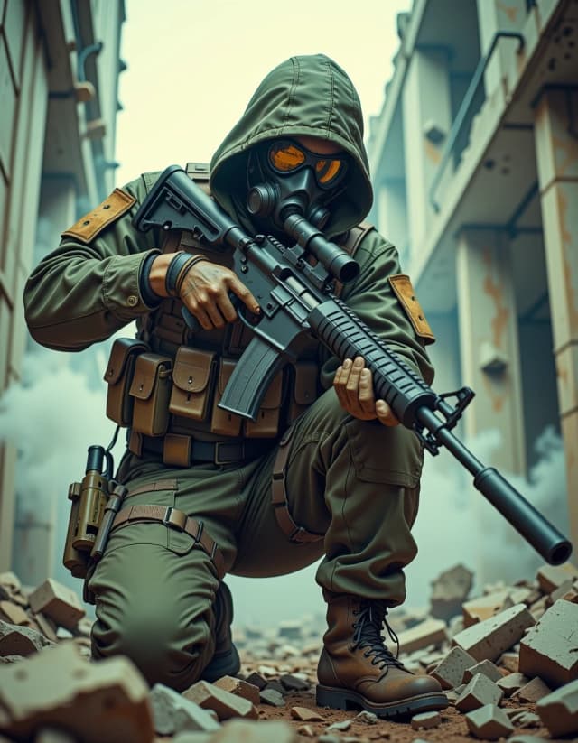 A masterpiece,  in the style of the 1980s, with bold lines, dynamic strokes and rich textures, on background with a touch of nostalgia, perhaps with subtle drawings inspired by cellulose and vintage, worn textures similar to paper, oil painting,  hyper-detailed scene of a kneeling tactical soldier in a ruined urban battlefield, wearing a hooded military suit and a full-face gas mask with a reflective visor, aiming a heavy suppressed rifle with scope and visible belt-fed rounds directly toward the viewer; worn tactical pouches, ammo clips and grenades on a rugged chest rig, scuffed gloves, reinforced knee pads and muddy boots, realistic fabric creases and weathering. Dramatic cinematic backlighting and rim light cutting through volumetric fog and smoke, moody overcast sky, shattered concrete walls and exposed rebar in the background. Low-angle three-quarter view, sharp focus on the mask, weapon barrel and hands, shallow depth of field with soft bokeh on ruins, high dynamic range, tactile textures on metal and fabric, subtle film grain, desaturated military greens and greys, ultra-realistic lighting, 8k detail, cinematic military portrait, intense suspenseful atmosphere. hdr