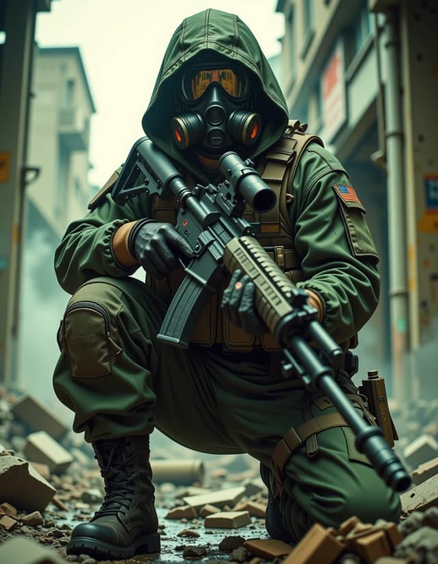 A masterpiece,  in the style of the 1980s, with bold lines, dynamic strokes and rich textures, on background with a touch of nostalgia, perhaps with subtle drawings inspired by cellulose and vintage, worn textures similar to paper, oil painting,  hyper-detailed scene of a kneeling tactical soldier in a ruined urban battlefield, wearing a hooded military suit and a full-face gas mask with a reflective visor, aiming a heavy suppressed rifle with scope and visible belt-fed rounds directly toward the viewer; worn tactical pouches, ammo clips and grenades on a rugged chest rig, scuffed gloves, reinforced knee pads and muddy boots, realistic fabric creases and weathering. Dramatic cinematic backlighting and rim light cutting through volumetric fog and smoke, moody overcast sky, shattered concrete walls and exposed rebar in the background. Low-angle three-quarter view, sharp focus on the mask, weapon barrel and hands, shallow depth of field with soft bokeh on ruins, high dynamic range, tactile textures on metal and fabric, subtle film grain, desaturated military greens and greys, ultra-realistic lighting, 8k detail, cinematic military portrait, intense suspenseful atmosphere. hdr