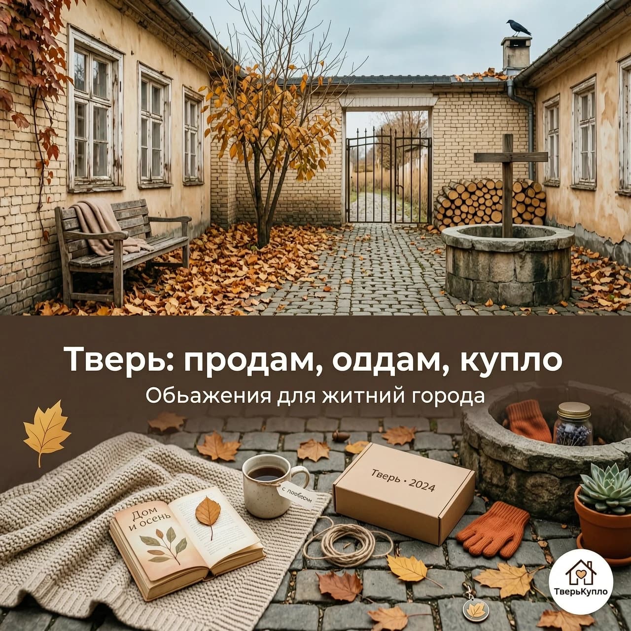 Обложка 1920×748 px в тёплой, уютной стилистике. Фон: вид на уютный дворик Твери, старые дома, осенние листья, мягкий дневной свет. На переднем плане будто разложены вещи: плед, книга, кружка, небольшая коробка — создаётся ощущение домашней барахолки. Поверх фона полупрозрачная тёмная плашка, на ней текст: „Тверь: продам, отдам, куплю“, шрифт белый, простой, читаемый. Цвета: тёплые бежево-коричневые, осенние оттенки, лёгкая зернистость как у плёнки. Стиль: реалистичный, атмосферный, вызывает доверие.