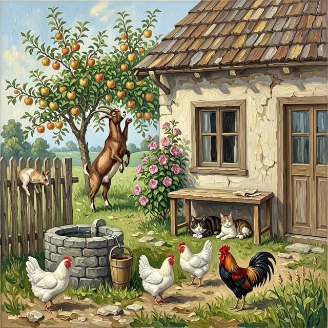 Рисунок маслом. Деревенский двор.Дом деревенский с двумя окнами. На заднем плане яблоня, коза стоит на задних лапах пытается достать верхнее яблоко. Старый деревенский колодец с ведром. Рядом с колодцем забор из бревна, на заборе спит кот.Перед окнами лавка , под ней спит собака. На углу дома цветет мальва. По двору Гуляют  три белые курицы и один петух.