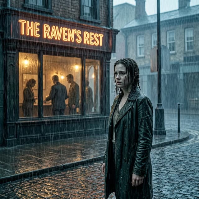 Cinematic shot, 8k, film grain, moody lighting. Mid-distance shot: a young woman stands across the street from a dimly lit bar (“The Raven’s Rest”), rain falling heavily. She’s soaked, shoulders tense, but her gaze is steady. Behind the bar window, silhouettes move — the people she calls family. The neon sign flickers, casting a warm glow that contrasts with the cold blue rain. Emotion: resolve mixed with fear, the moment before she chooses to walk in. Depth of field, atmospheric haze, wet textures, rain streaks. Style: dark fantasy noir, reminiscent of Blade Runner and The Night Circus, highly detailed