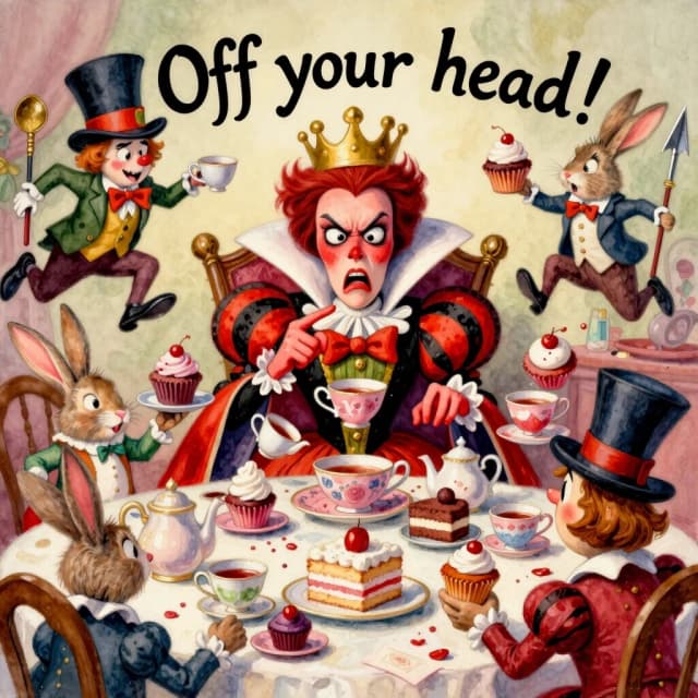(masterpiece:1.8, acrylic painting:1.5, best quality:1.6, ultra-detailed:1.6). A bizarre and funny image (of the Queen of Hearts), who, sitting at a crazy tea table, angrily exclaims: "Off your head!' (Off with their heads!). The reason for her anger may have been a bad croquet game or too much sugar in her tea. (She's sitting at the head of a table strewn with ridiculous teapots and mountains of cakes, her crown slightly askew.) The Queen's face is red with annoyance, with puffed cheeks and wide-open eyes that look more offended than truly angry. (She points her finger with such effort that she looks like she's about to knock over her tea).
(Around her are the Hatter and the March Hare, who comically jump up and down in "fright," but at the same time try to hold on to their cups and cupcakes. Sonya may have poked her head out of the kettle, clearly annoyed by the noise. The card guards nearby may be awkwardly retreating, tripping over table legs or dropping their halberds). The tea table is a mess of flying cupcakes, spilled tea, and tumbling teacups.
The lighting is light and airy, creating a light, almost pastel mood. The overall atmosphere is a light, funny mess, where the Queen's anger is more of a familiar but theatrical act. Detailed watercolor or pastel illustration, playful composition, soft but saturated colors, light strokes, digital painting. Inspired by Quentin Blake's dynamic illustrations and Mary Blair's vibrant style.