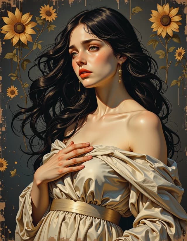 A masterpiece,  in the style of the 1980s, with bold lines, dynamic strokes and rich textures, on background with a touch of nostalgia, perhaps with subtle drawings inspired by cellulose and vintage, worn textures similar to paper, oil painting, sorrow, nightfall, beautiful crying lady, dynamic pose, by Michelangelo Buonarroti, highly detailed watercolor manga painting, 32k, luminism, mystical, fantasy, complex background, golden hour, digital painting, highly detailed, filigree, intricated, clarity, majestic, epic, depht of field, sharp focus, high quality, hdr
