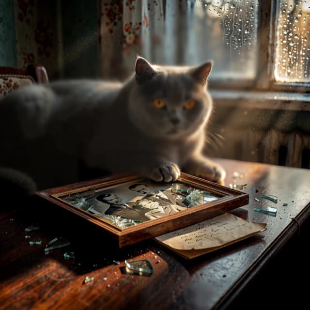 Dramatic cinematic medium close-up shot focused on a dark polished wooden table in a moody Soviet-era apartment room. A massive, mysterious ash-grey cat with piercing luminous amber eyes and a notched ear lies firmly across a broken vintage wooden picture frame with cracked glass fragments scattered around. From under the 1970s black-and-white family photograph, a folded yellowed handwritten notebook paper secretly slips out. Background shows dim cozy room with rain running down the windowpane. Moody atmospheric lighting, strong contrast between deep shadows and a single warm ray of golden morning sun illuminating the photo and cat paws. Hyper-realistic, high tactile detail, dust particles in light beam, 50mm macro photography, 8k resolution. --ar 16:9 --no illustration, drawing, painting, distorted paws, blur, modern gadgets, text, watermark