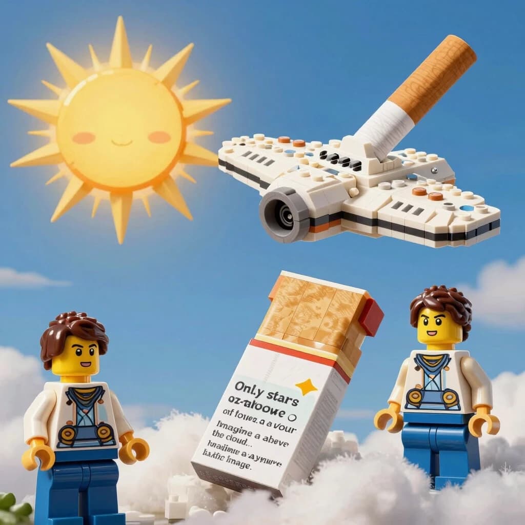 "The sun"—that's what it says on the cigarette... "a bouquet of flowers, a box..." A stunning work of verbal art... "Only stars above the cloud..." "Imagine a hyper-realistic image..." A Lego figurine, a large spaceship, me... "Visualize a hyper-realistic image..."