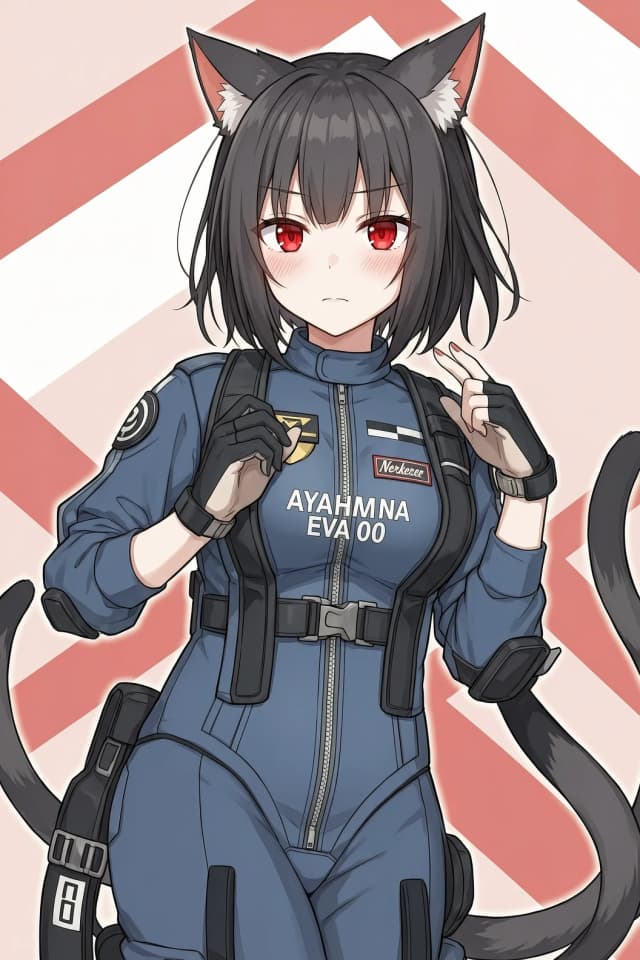 Персонаж Cinnamon из Nekopara, в стиле Nekopara, поменяй ей цвет глаз на красный, она одета в пилотирующем костюме Аянами Рей Ева 00. Лицо Яндере. ультра качество