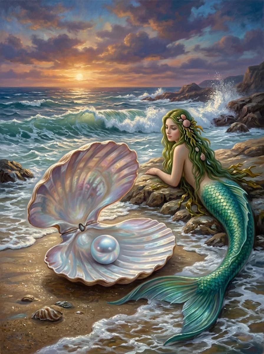 A real masterpiece. How an artificial intelligence would depict: (The image is made using the oil painting technique. A small mother-of-pearl seashell with a pearl inside, and next to it a mermaid with green hair, beautiful on the ocean shore). Intense close-up. High resolution. High quality. Increased attention to small details. Hyperrealistic style of surrealism, impressionism, fabulous. Increased attention to the smallest details and texture of the mother-of-pearl shell. The artist is Raphael, Aivazovsky.
