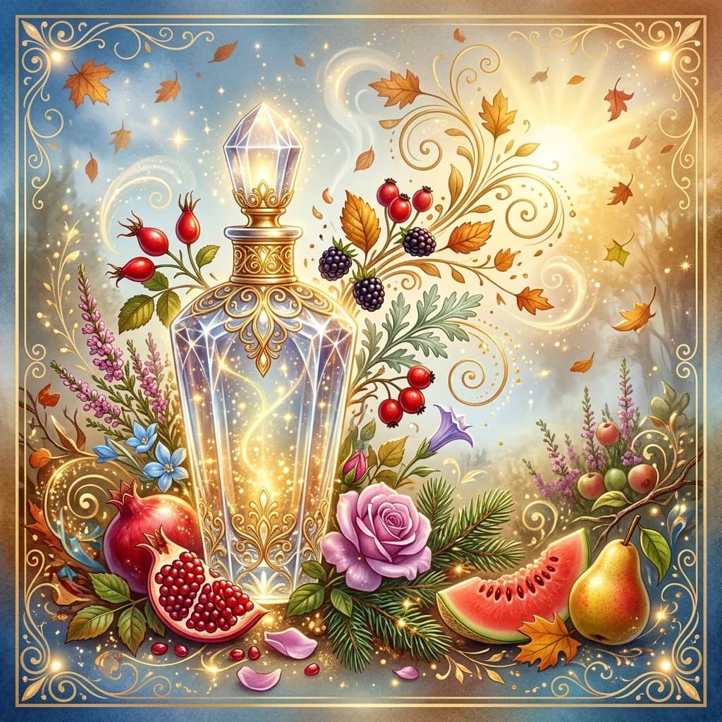 ((Advertising card)) (Greeting card background): blue and white, golden brown, golden white, golden blue, golden light blue. (Decorated with floral scrolls, spirals, vignettes of falling leaves and sunlight. (Autumn will bathe in my vial). (Autumn) is quite a subtle, skilled alchemist.There’s blood‑red rosehip, grains of blackberry, a crunchy forest and heather, and wormwood,
and red hawthorn with a slight bitterness, and datura, and heavenly blue. I’ll squeeze out the pulp of a ruby‑red pomegranate, the petals of late‑blooming roses, a coniferous aroma, a slice of scarlet eastern melon,
a ripe pear, a pinch of wormwood. ((A tall crystal perfume bottle. The bottle sparkles in the rays of magical light and golden sparks of enchanted fire, absorbing the scents of late‑blooming rose petals, the aroma of pine, smoke, dark chocolate, and flowers. Golden highlights swirl around the bottle)). (Colors):golden, scarlet, green, white‑green, yellow‑golden, silver, pink‑golden, silver‑white, pink‑lilac, copper‑pink, silver‑platinum. (Style):art fantasy, shabby chic, poster, advertising, art design, retro design, magical realism, metaphorism, poetry, postcard, romance, early autumn, apples, double exposure, tenderness, a perfume bottle in an autumn mist in the style of Nino Ricci, autumn, romance, close‑up, high quality, gradient, elegance, radiance and shine. Inner light, 4K, intricate details.