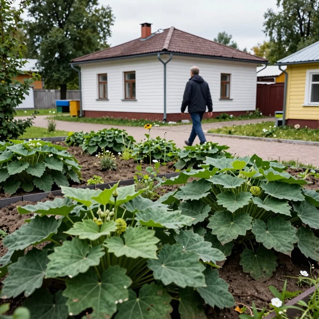 A man walks around the dacha and looks at the plot overgrown with goosefoot