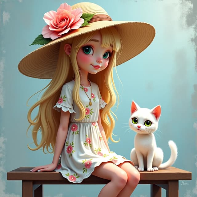 The image is a digital art piece that features a young woman with long blonde hair and a large straw hat with a large flower on top. She is wearing a white dress with a floral pattern and is sitting on a wooden bench. Next to her, there is a white cat with green eyes sitting on the bench. The background is a light blue color with a grungy texture. The overall mood of the image is dreamy and ethereal.