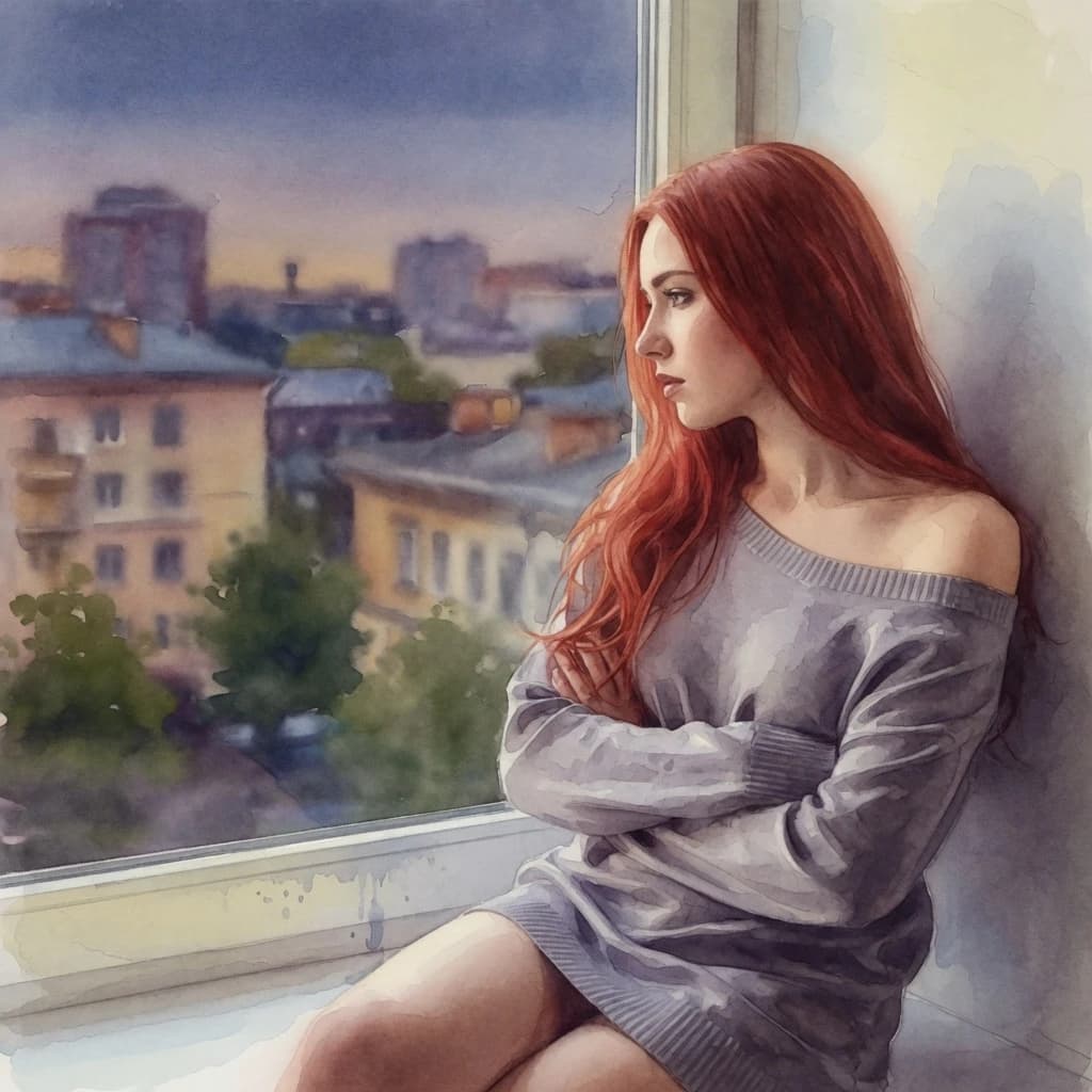 The image is a portrait of a young woman with long red hair. She is sitting on a window sill, looking out with a thoughtful expression on her face. The woman is wearing a gray off-the-shoulder sweater and her arms are crossed over her chest. The background is blurred, but it appears to be a cityscape with buildings and trees. The overall mood of the image is somber and contemplative. The image has a watercolor-like quality, giving it a soft and dreamy feel.