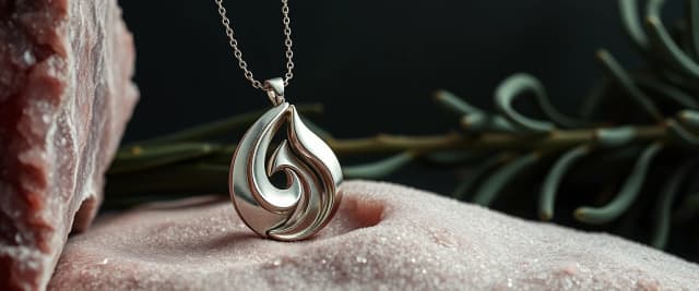премиальная рекламная предметная съёмка необычной серебряной подвески на цепочке. Подвеска необычной плавной формы. Окружение в оттенках бордо, винного цвета, темное глубокой окружение. Убрать любые белые элементы. Подвеска необычной формы с изгибами и красивыми линиями., тонкий сложный дизайн. Подвеска более сложной изысканной формы, с тонкими красивыми изгибами линий, многослойная. Подвеска имеет красивое узорное украшение
Темный приглушенный зеленый фон в глубине, изумрудные элементы фона, возможно природные темные элементы. В кадре присутствует подставка из матовой дизайнерской бумаги винного ягодного цвета марсала. 

Композиция асимметричная. Подвеска расположен не по центру кадра, а смещён в правую часть сцены. Она расположен под лёгким углом, слегка наклонён и частично окружён природными элементами. Природные элементы, темные натуральные листья или хвоя либо на заднем плане, либо частично спереди. Добавить искры кристалличского песка

Подвеска частично вставлен в природную трещину между массивными пластами винных кристаллов в винном цвете марсала.  Подвеска расположен под углом, как будто аккуратно установлен в этом разломе. Соляные стены поднимаются вокруг него и формируют природное обрамление.

Левая часть кадра остаётся чистой и минималистичной — большое свободное пространство с мягким соляным фоном. Эта зона предназначена для размещения текста и инфографики.

Освещение мягкое студийное, деликатные отражения на стекле, чистые тени, высокая детализация текстур. Премиальная рекламная съёмка, luxury beauty product photography, ultra‑realistic, clean advertising layout, negative space for text.