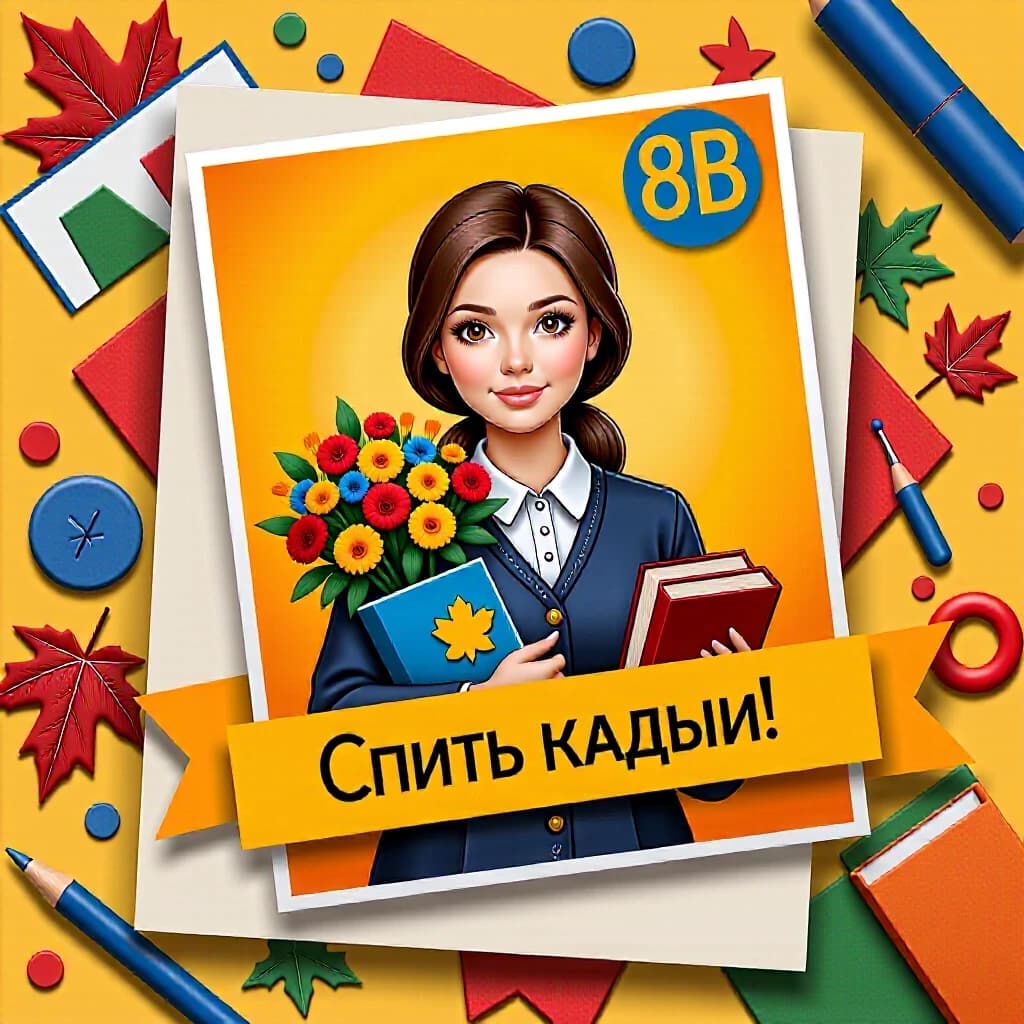 Поздравительная открытка ко Дню учителя, красивая учительница с цветами и книгами, яркий фон с осенними листьями и школьными принадлежностями, праздничный стиль, высокая детализация, 8k