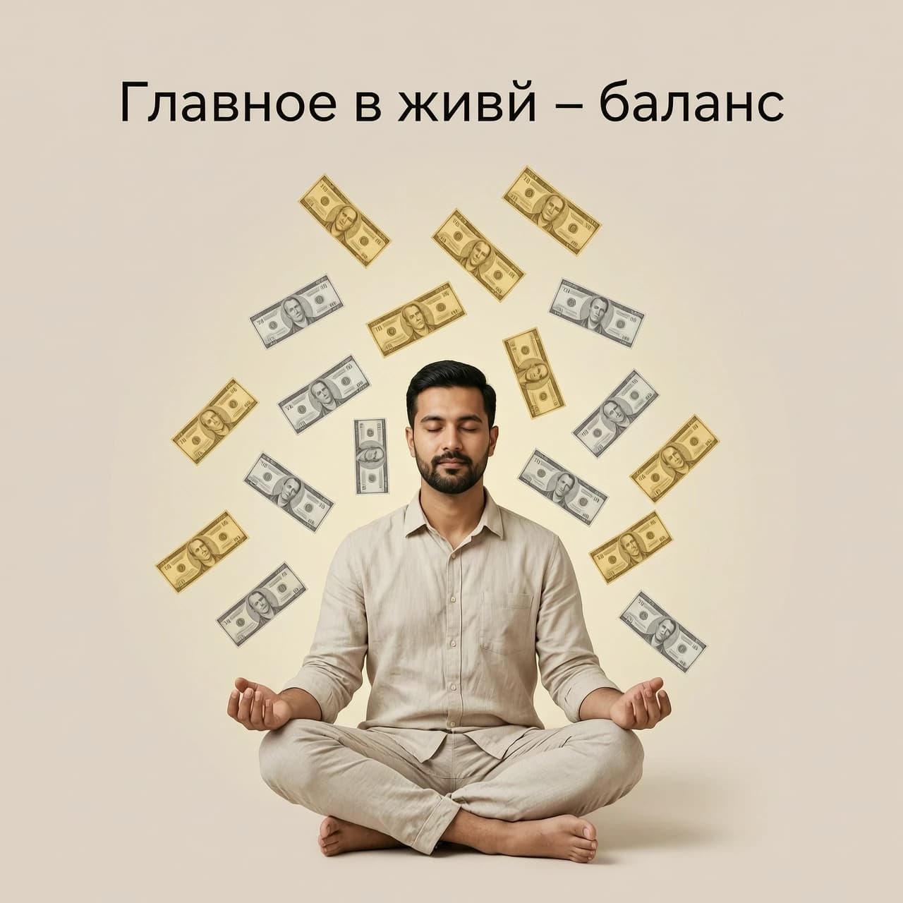 На изображении представлен мужчина, сидящий в классической позе лотоса. Эта поза символизирует спокойствие, гармонию и внутреннюю сосредоточенность. Вокруг медитирующего мужчины в воздухе парят денежные купюры различных номиналов. Купюры словно спускаются сверху, создавая ощущение потока благополучия и успеха.

Цветовая гамма:
Фон может быть выполнен в спокойных, нейтральных тонах — светло-бежевых или пастельных оттенках, чтобы не отвлекать внимание от главного элемента композиции. Сами купюры могут быть изображены в золотистых или серебристых тонах, подчёркивая их ценность и значимость.

Надпись:
Над изображением или в виде плавного перехода от купюр к зрителю может быть размещена надпись: «Главное в жизни — баланс».