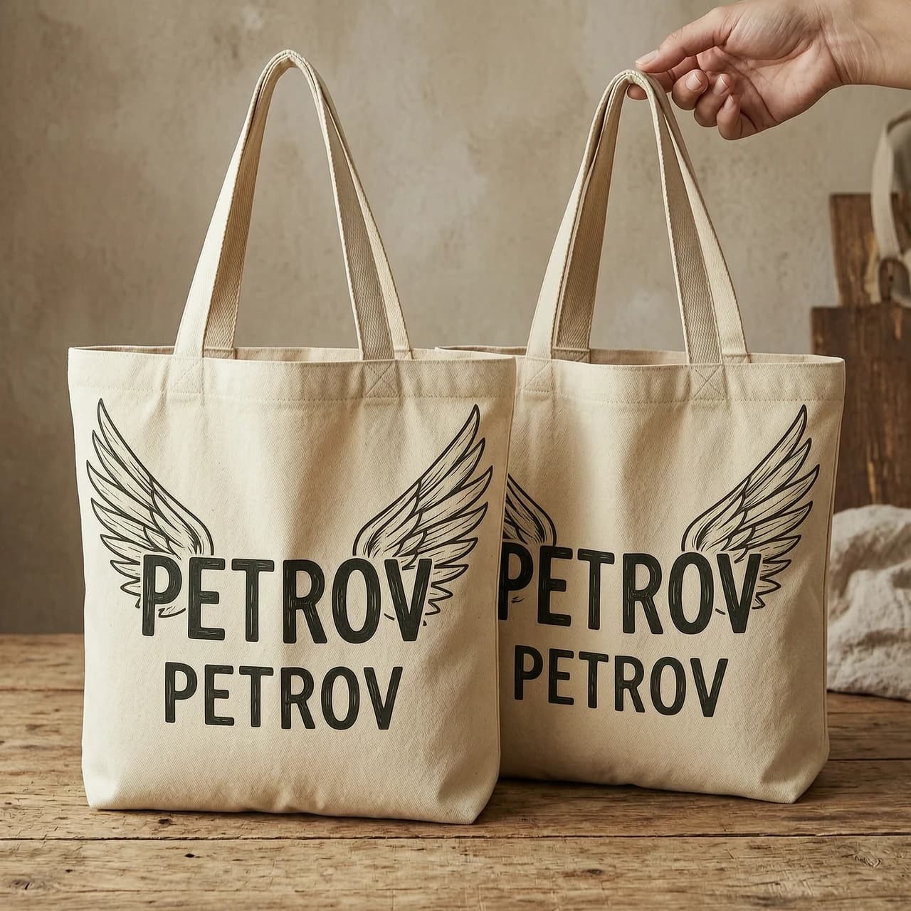 шопперы с рисунком крыльев и надписью PETROV