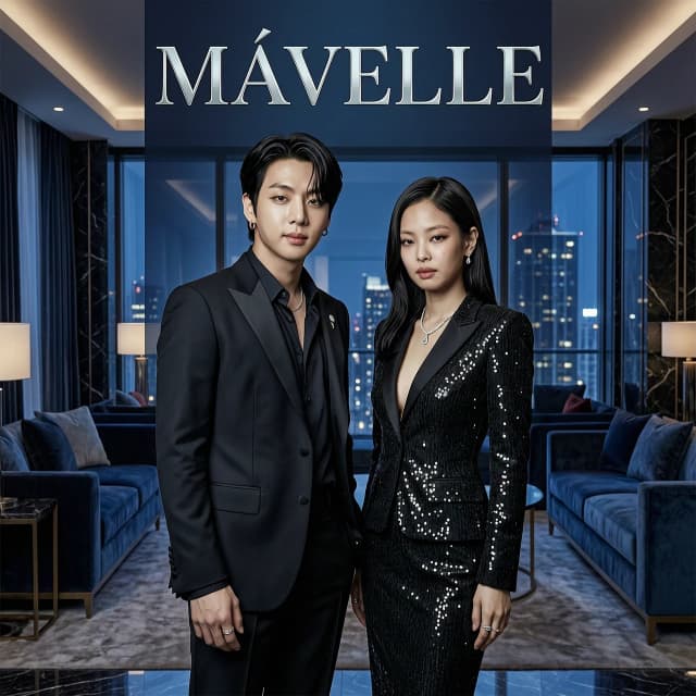 Cinematic luxury fanfiction cover for a story titled “MÁVELLE”, featuring Jeon Jungkook of BTS and Jennie Kim of BLACKPINK together.

Create an ultra-realistic, photorealistic editorial photograph. Jungkook and Jennie must look unmistakably like their real selves, with highly accurate facial features, natural skin texture, recognizable face shapes, eyes, noses, lips, hairstyles and overall appearance. Do not make them generic models or alter their identities. Preserve their real-life likeness as closely as possible.

They are standing together in an exclusive ultra-luxury VIP lounge, creating the atmosphere of wealth, power, mystery and elite nightlife. Their chemistry should feel intense, sophisticated and cinematic, but elegant rather than exaggerated. Both are looking directly at the camera with confident, composed expressions.

Jungkook: sophisticated black luxury suit, slightly open collar, subtle silver accessories, dark elegant styling, confident expression, sharp masculine presence.

Jennie: high-fashion black couture outfit, refined jewelry, elegant makeup, sleek luxurious hairstyle, confident expression, sophisticated presence.

Color palette: deep obsidian black, midnight blue, dark navy, subtle silver highlights. Almost no bright colors. Strong cinematic blue lighting, soft rim light around their silhouettes, dramatic shadows and subtle reflections.

Background: exclusive VIP lounge, dark marble, glossy surfaces, sophisticated velvet furniture, elegant architectural details, subtle blue ambient lighting, blurred luxury city lights in the distance, expensive private-club atmosphere. Everything should look premium, minimal and refined.

Composition: vertical book-cover format, Jungkook and Jennie centered and clearly visible, balanced composition, medium-full portrait, cinematic depth of field, dramatic professional photography, realistic proportions.

Add the title “MÁVELLE” in large elegant luxury typography, preferably metallic silver or subtle icy-blue lettering. The title should look like a premium fashion magazine / luxury film poster. Minimal additional text.

Overall aesthetic: dark luxury, VIP, billionaire lifestyle, elite nightlife, mysterious romance, cinematic Korean high-fashion editorial, expensive, sophisticated, powerful, exclusive.

Photorealistic, extremely detailed, realistic skin, realistic hair, natural facial proportions, professional studio photography, cinematic lighting, high-end fashion campaign, 8K detail, premium movie-poster quality.

No cartoon, no anime, no illustration, no plastic skin, no generic faces, no distorted hands, no extra fingers, no facial deformation, no excessive retouching, no oversaturated colors, no cheap-looking typography.