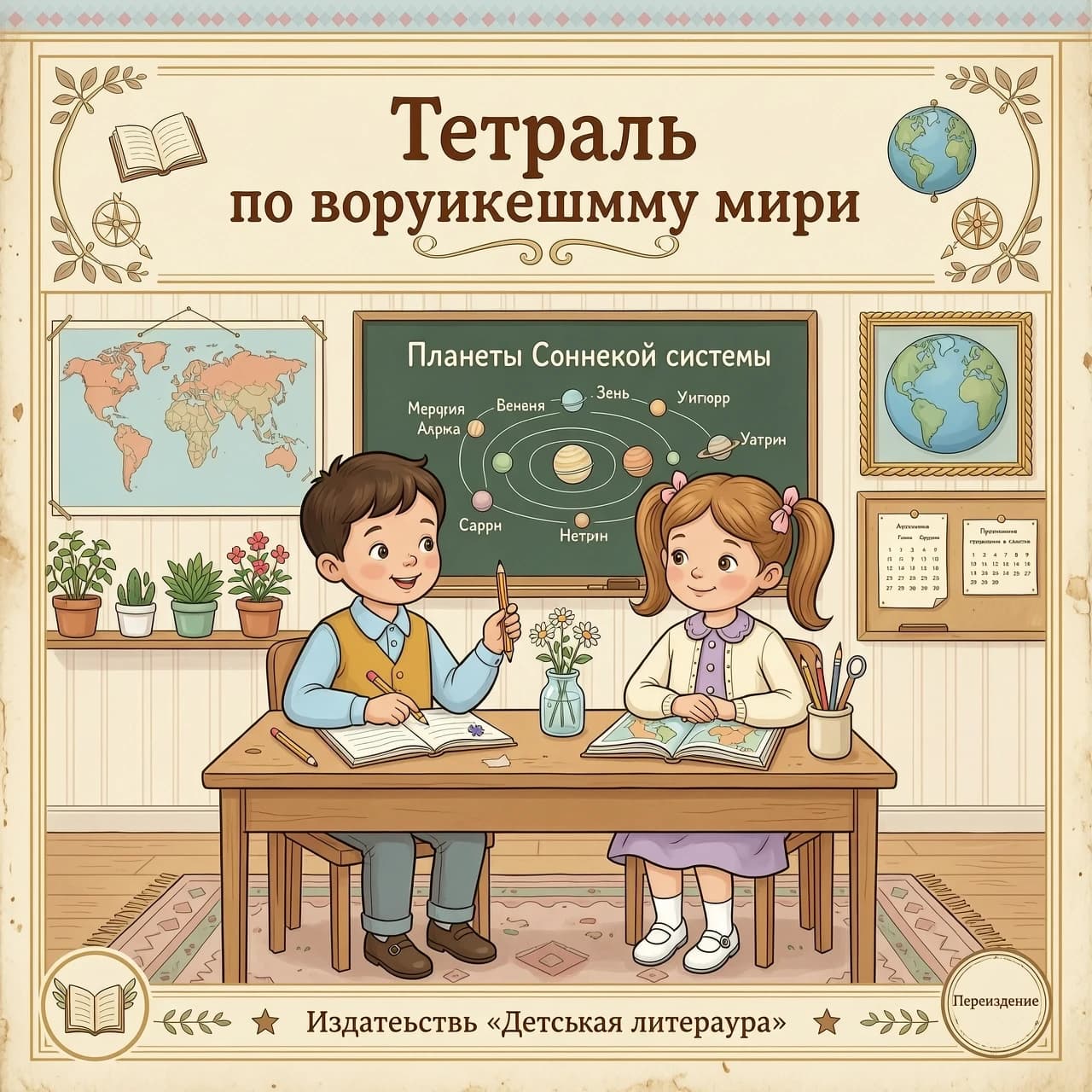 Картинка в винтажном стиле в пастельных тонах . Вверху картинки надпись:
Тетрадь 
по окружающему миру .
В центре картинки мальчик и девочка сидят за партой.