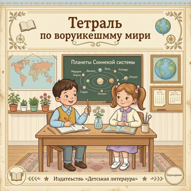 Картинка в винтажном стиле в пастельных тонах . Вверху картинки надпись:
Тетрадь 
по окружающему миру .
В центре картинки мальчик и девочка сидят за партой.