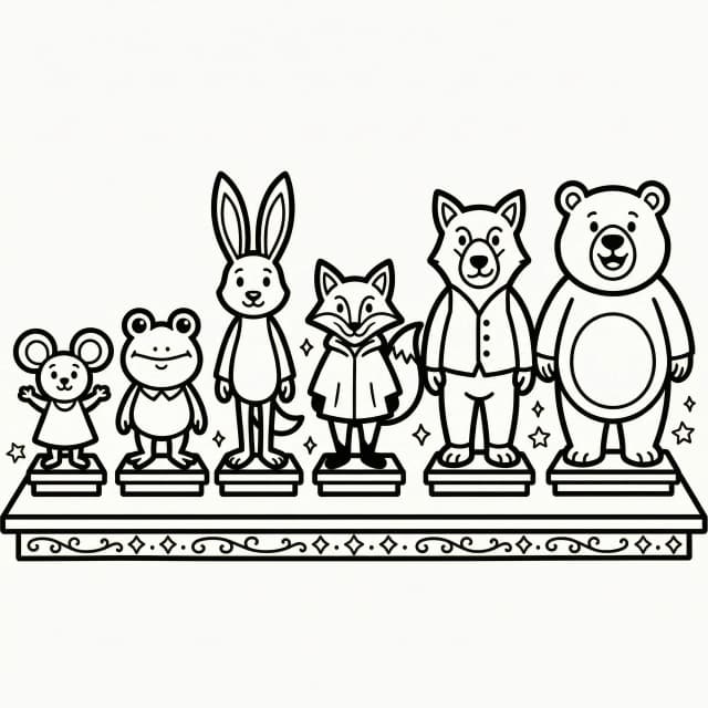 Printable black and white outline drawing, coloring page for children. Fairy tale characters "Teremok" standing on a flat stage floor. Full-body view. Simple doodle style, very thick bold lines, high contrast. Characters: little Mouse, Frog, Hare, Fox, Wolf, Bear. Each character has a wide rectangular base at the feet (like a stand). No colors, no grey fill, only pure white background. 2D flat illustration, minimalist, low detail, large blank areas for coloring. Suitable for preschool craft, stick puppet theater.
