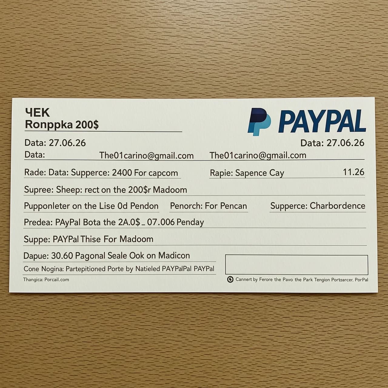 Сгенерурий чек об отправке 200$ через PayPal по почте The01carino@gmail.com
Чек на английском языке, дата 27.06.26, сделай так, чтобы все было как настоящий чек