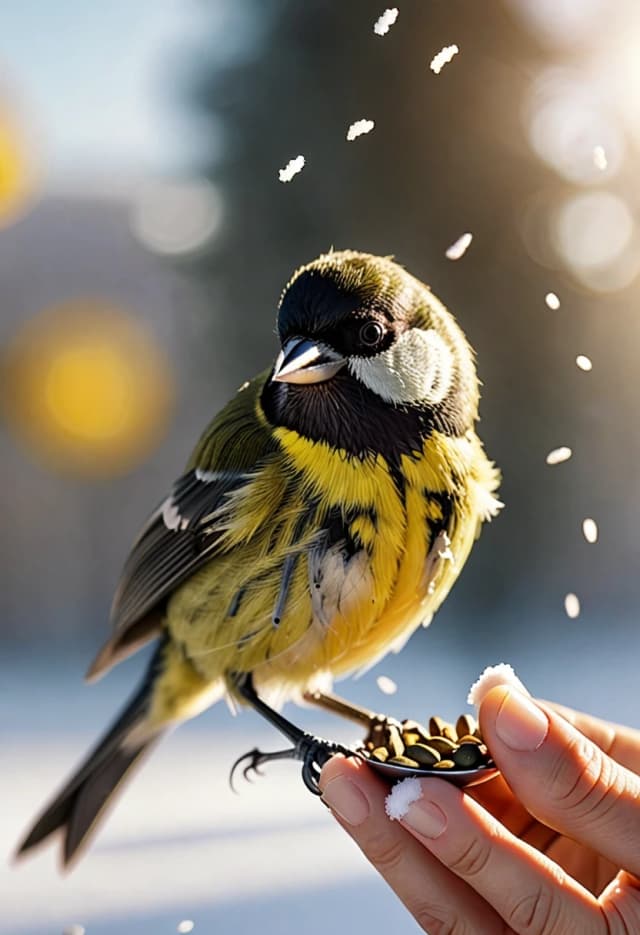 Extremely detailed macro photograph, a small vivid tomtit bird perched gently on an open human palm, eating sunflower seeds, soft morning sunlight, winter park background with light snow, photorealistic, 8k resolution, cinematic lighting, shallow depth of field, f/1.8 --ar 3:4