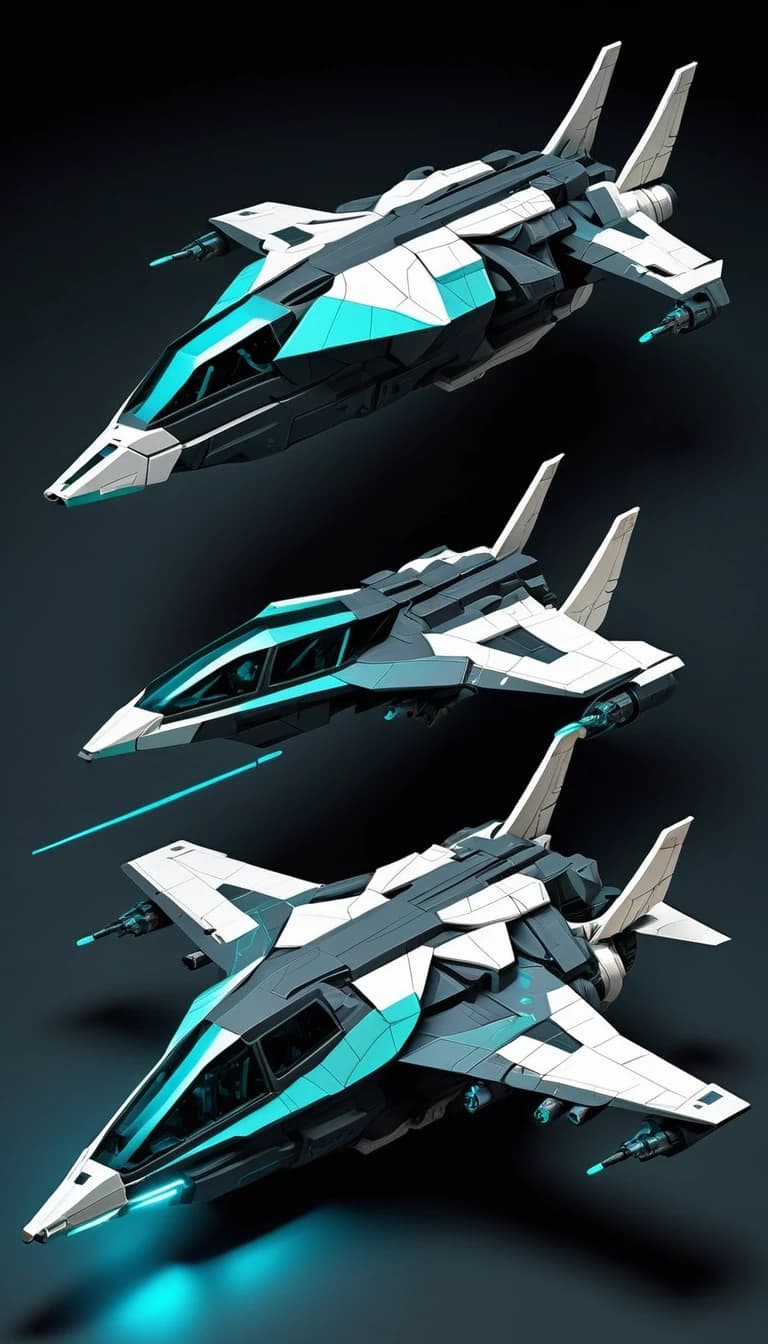 Isometric ¾ view of a compact, highly detailed sci-fi tactical gunship with segmented vertical stabilizers. Sharp angular geometry, matte dark grey and white armor plating. Minimal, discrete cyan geometric glow strips located only on panel edges of the wings and hull. No engine exhaust, no ion plumes or thruster trails. Set against an atmospheric deep space backdrop: rich dark blue nebula, soft volumetric light, distant planets with rings, and scattered stars. The ship appears small in the frame, floating elegantly in a vast cosmic environment. Cinematic, high contrast, photorealistic textures, 8k.
