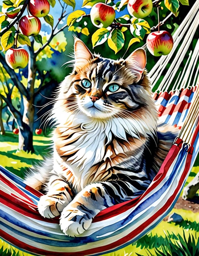 A masterpiece. Create an image. Watercolor painting style: ((Beautiful fluffy Siberian striped cat):1.6 dozing in a hammock under the apple trees in the garden):1.6, clear edges, clear textures, volumetric composition, studio lighting, author's style, 8k resolution. High detail and clear texture. Intense close-up. High quality. Increased attention to small details. The aspect ratio is 3:4.