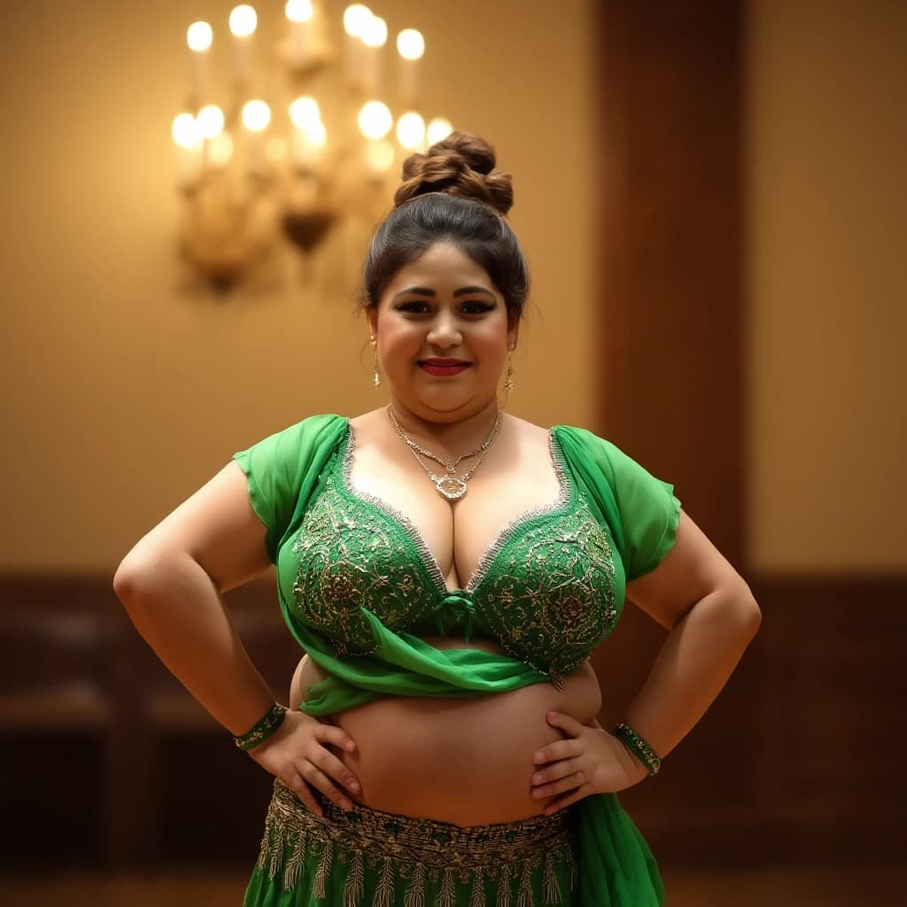 front view chubby belly dancer fifty years woman in green costume brown short ponytail hair stand in hall