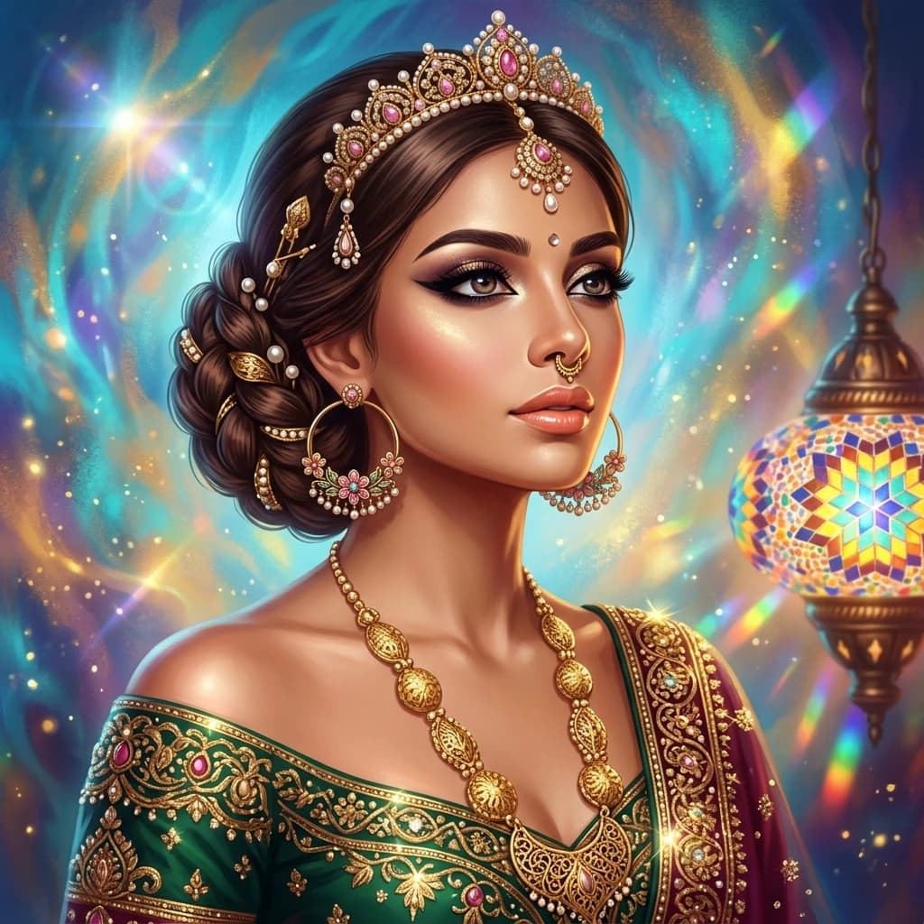 The picture shows a woman in an oriental style, made using digital illustration techniques.
Description of the character. Clothes. She is wearing an off-the-shoulder dress decorated with gold ornaments and patterns. Hairstyle. Her hair is dark brown, gathered in a complicated braid at the nape of her neck. It is reinforced with a tiara of pearls and pink stones. Decorating. A tiara with pendants. Hoop earrings with floral motif and stones. Nose ring (septum). A long necklace with large elements and pendants. Gold hairpins and pendants in her hair. Make—up: the center is made on the eyes - expressive arrows and shadows. The lips are covered with gloss. Background: bright abstract background with iridescences of blue color. A lamp with a mosaic pattern resembling traditional Arabic motifs is visible on the right.
 In general, the image resembles a fairy-tale princess or a dancer from oriental legends. (Style):fantasy, fairy tale, India festival of lights, gave, lamp, double exposure, close-up, portrait, high quality, gradient, grace. Interior light, 4k, intricate details.