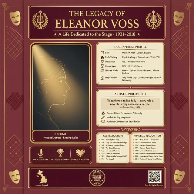 A professional educational infographic poster about a famous theater actress. Elegant theatrical style. Color palette: deep burgundy red, elegant gold accents, beige parchment background text boxes. The layout must be fresh and clean, distinct from simple grids: a large prominent vertical area on the left for a main photo portrait, surrounded by several structured text panels with thin golden borders and clean corporate typography. Small elegant linear minimal icons for bullet points. High resolution, flat design, vector vector infographic elements, no realistic human faces drawn, blank placeholder blocks for text, cinematic lighting, 8k --ar 4:5