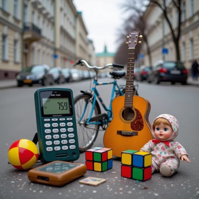 Предметы из прошлого. Советские вещи. Пейджер. Тамагочи. Гитара. Мячик. Кукла. Велосипед. Барабан. Кубик рубик. Все имеет старый вид. Без надписей. Все это лежит на фоне улицы Советского антуража