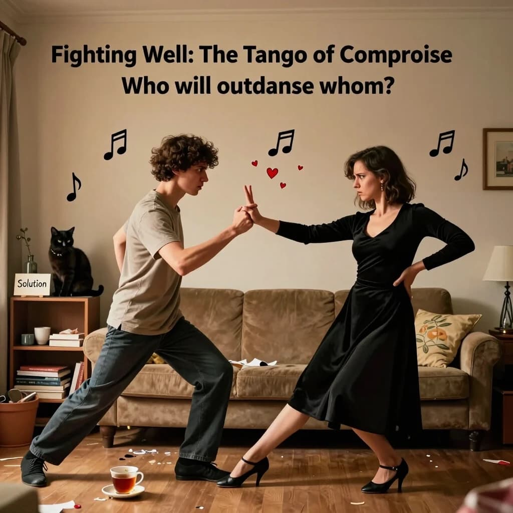 Cinematic photorealistic humorous shot of two young people in a cozy living room, striking dramatic tango poses but looking comically tense. One person is trying to step on the other's foot (symbolizing "I'm right"), while the other gracefully dodges and extends a hand forward in a peace offering. Around them, small musical notes and tiny floating hearts are swirling. In the background, a calm cat sits on a shelf holding a small sign that says "Solution". The room is warm and slightly messy, with a spilled cup of tea. The upper part of the image is a large empty wall, perfect for adding funny text like "Fighting Well: The Tango of Compromise" or "Кто кого перетанцует?". Playful, ironic, relatable, warm lighting, photorealistic, shallow depth of field, 4:5 aspect ratio.