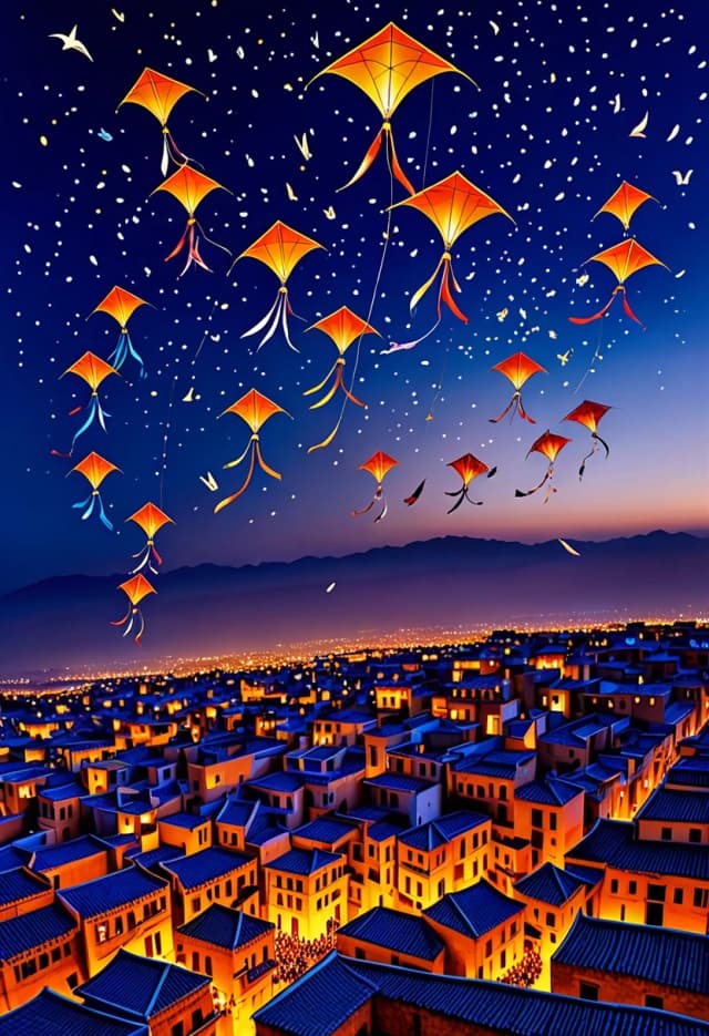 A breathtaking evening scene: a master kite maker flies his creations above an ancient city after sunset. Dozens of enormous glowing kites shaped like stars, moons, birds and dragons float across the sky. Each kite is decorated with tiny lights, resembling constellations. The master stands on a high observation terrace while warm city lights and lanterns shimmer below. Deep blue evening sky, first stars, delicate clouds and long luminous kite tails. Spectacular fairytale atmosphere, magical nighttime festival feeling. Cinematic fantasy realism, dramatic lighting, highly detailed, vertical format.