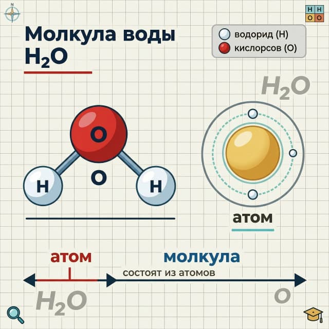 в центре — модель молекулы воды H₂O (два маленьких белых атома водорода и один крупный красный атом кислорода, соединены тонкими стержнями). Рядом — отдельный одиночный атом (стилизованный шар с орбитами электронов). На фоне — сетка, как в тетради, и полупрозрачные формулы H₂O и O. Добавь небольшую шкалу масштаба: рядом с атомом надпись “атом”, рядом с молекулой “молекула”, и стрелку, показывающую, что молекула состоит из атомов. Стиль: чистая образовательная инфографика, яркие, контрастные цвета, легко различимые подписи.