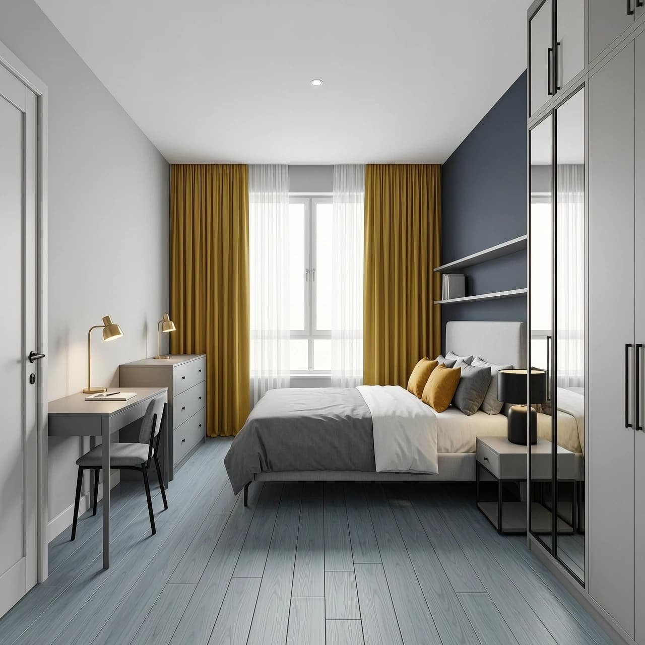 Interior design of a rectangular 11 sqm bedroom, view from the entrance door. Room size 3.9m width x 3.0m depth, ceiling height 2.7m. Upon entering, on the left is a small workspace with a grey desk and chair in the corner. On the right is an L-shaped built-in wardrobe with mirror doors in the corner. On the far wall is a large window with mustard yellow linen curtains and sheer white curtains. Against the far wall, centered under the window, is a double bed 160x200cm with a light grey upholstered headboard, white and grey bedding, two mustard yellow accent pillows and two grey pillows. On the left wall opposite the bed is a low grey dresser with a brass table lamp. On the right side of the bed is a small bedside table with a black matte lamp, and wall shelves above. Walls #D0D0D0 light silver-grey, one accent wall behind the headboard in #474A52 matte graphite, floor #9DA1AA medium cold grey oak wood texture, cool grey, matte, minimal grain, white ceiling. Black matte hardware, brass reading light, warm 3000K lighting. Photorealistic, architectural visualization, soft daylight, clean minimal styling, no clutter, 8k, ultra detailed --ar 16:9 --style raw