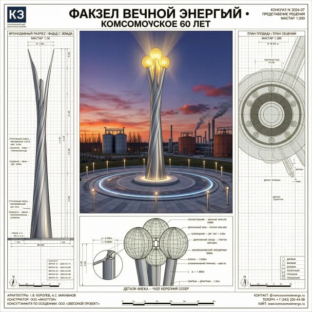 Architectural presentation board for a monument competition, single A3 sheet, landscape. Central large photorealistic rendering of a tall twisting metal flame monument on an industrial gas field at dusk, warm LED glow at top. Left: front elevation blueprint drawing with dimension lines, white background, thin black lines. Right: top-down plan of circular plaza around monument, blueprint style. Bottom: close-up detail of top with three geologist figures and glowing glass. No people, no human figures, no workers, no silhouettes anywhere on the board. Clean white layout, thin grid lines, small Russian text labels. Title at top in bold: "ФАКЕЛ ВЕЧНОЙ ЭНЕРГИИ • КОМСОМОЛЬСКОЕ 60 ЛЕТ". Scale bar and contact placeholder. Professional architectural presentation style, high detail, 8k. --ar 16:9 --v 6.0 --style raw --no people