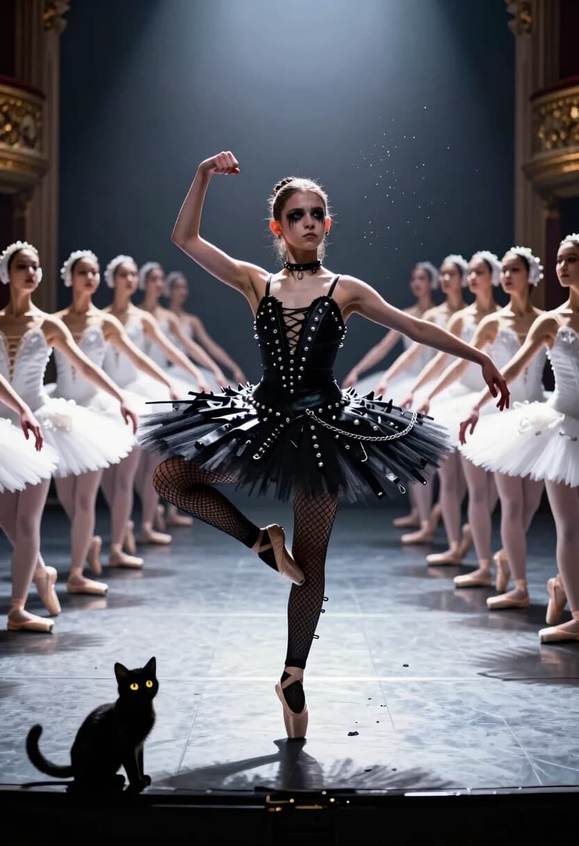 Photorealistic cinematic shot, 8K, octane render, dramatic studio lighting. Wide-angle lens (24mm) to capture the full scale of the ballet scene. In the center of a grand, opulent theater stage, a teenage rebel ballerina stands defiantly in a jet-black tutu with heavy silver studs, spikes, and chain details — a direct contrast to the sea of pristine white tutus surrounding her. Her outfit is a fusion of ballet and punk: the tutu’s tulle is shredded and layered with leather strips, and she wears black fishnet tights with safety pins as accessories. She has multiple piercings (nose, lip, helix) and dark, smudged eyeliner that looks like war paint. Her pose is aggressive yet balletic — one leg extended in a sharp arabesque, but her arms are not in graceful positions; instead, one hand is clenched into a fist, and the other is flung out in a rebellious gesture. Her expression is fierce and unapologetic: a slight sneer, eyes narrowed, head tilted defiantly.

The background is a synchronized mass of traditional ballerinas in perfect white tutus, all frozen in identical, graceful poses, creating a sea of uniformity that highlights her individuality. The lighting is theatrical: a harsh spotlight isolates her in a pool of bright, cool white light, while the rest of the stage is in moody, deep shadows. Rim light outlines her silhouette, emphasizing the texture of the leather and the sparkle of the metal studs. Floating dust motes and a few stray tulle fibers swirl in the air, caught in the spotlight beam. A tiny, fluffy black kitten with glowing yellow eyes is perched on the edge of the stage, watching the chaos with a mischievous expression, as if it’s her accomplice in the rebellion. Mood: defiance, contrast, high drama, artistic rebellion.