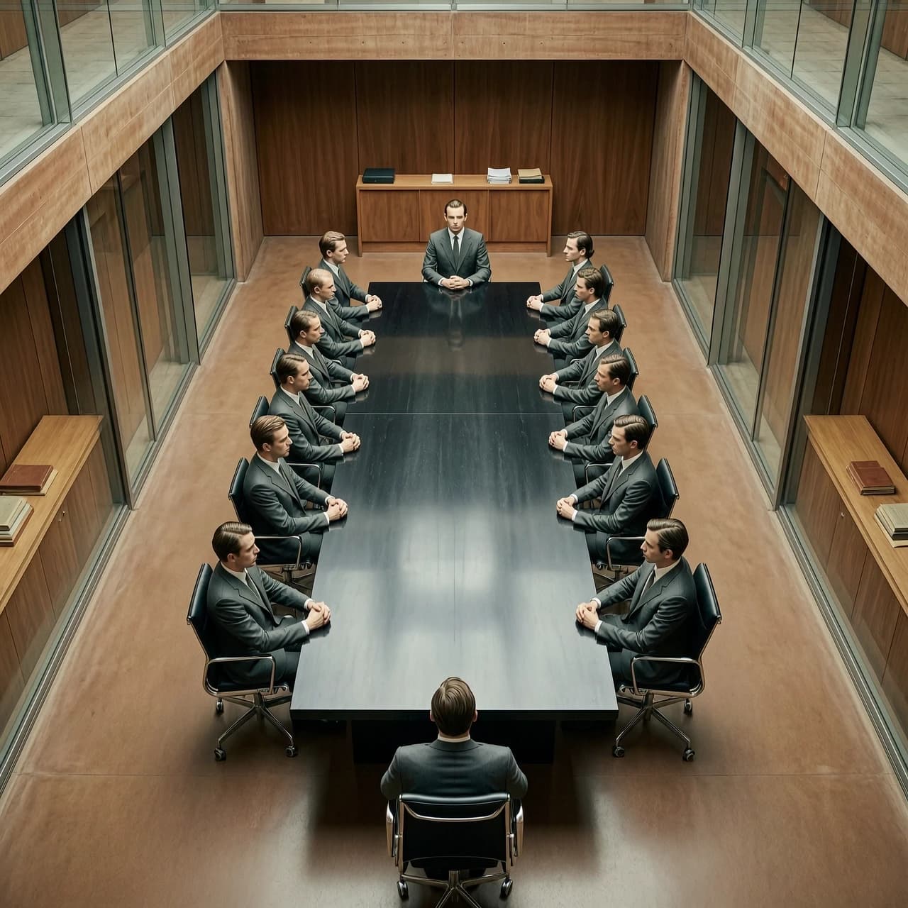 A cinematic, hyper‑realistic overhead shot of a boardroom, embodying the concept of absolute rationalism and strict discipline. The setting is a masterpiece of minimalist brutalist architecture, featuring clean geometric lines, polished brown concrete, and smooth glass surfaces. A group of professional employees, dressed in identical, impeccably tailored dark‑grey suits, are arranged in a perfectly symmetrical manner around a massive monolithic obsidian table. All those present maintain a strict, disciplined posture, their gazes fixed ahead with clinical precision, which reflects a culture of strict adherence to protocol. Warm light, an old office in Germany in the 1980s. The composition is perfectly centered and symmetrical; it uses one‑point perspective to create a sense of all‑consuming order and mathematical inevitability. The atmosphere is sterile, silent, and extremely serious. The shot is executed in the style of high-quality architectural photography with a shallow depth of field, emphasizing the flawless texture of steel, stone, and fabric. 8K resolution, high detail, shot with a Phase One XF camera, clinical aesthetics.