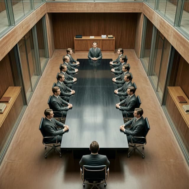 A cinematic, hyper‑realistic overhead shot of a boardroom, embodying the concept of absolute rationalism and strict discipline. The setting is a masterpiece of minimalist brutalist architecture, featuring clean geometric lines, polished brown concrete, and smooth glass surfaces. A group of professional employees, dressed in identical, impeccably tailored dark‑grey suits, are arranged in a perfectly symmetrical manner around a massive monolithic obsidian table. All those present maintain a strict, disciplined posture, their gazes fixed ahead with clinical precision, which reflects a culture of strict adherence to protocol. Warm light, an old office in Germany in the 1980s. The composition is perfectly centered and symmetrical; it uses one‑point perspective to create a sense of all‑consuming order and mathematical inevitability. The atmosphere is sterile, silent, and extremely serious. The shot is executed in the style of high-quality architectural photography with a shallow depth of field, emphasizing the flawless texture of steel, stone, and fabric. 8K resolution, high detail, shot with a Phase One XF camera, clinical aesthetics.