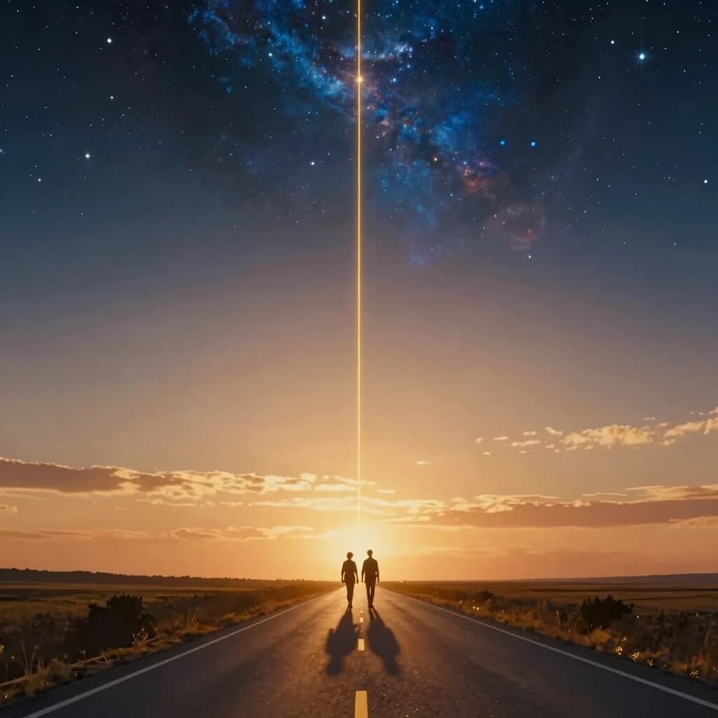 Cinematic, symbolic scene. A long, endless road or path stretching toward a glowing, infinite horizon. Two tiny human figures walk side by side in the distance. Above them, the sky blends from warm sunset into deep cosmos with stars and soft nebulae. A thin, golden thread of light visibly connects the two figures, unbroken. The perspective emphasizes infinite depth and eternal togetherness. Warm golden and deep blue tones, photorealistic, magical realism, 8k, hopeful, spiritual, timeless love, endless journey.