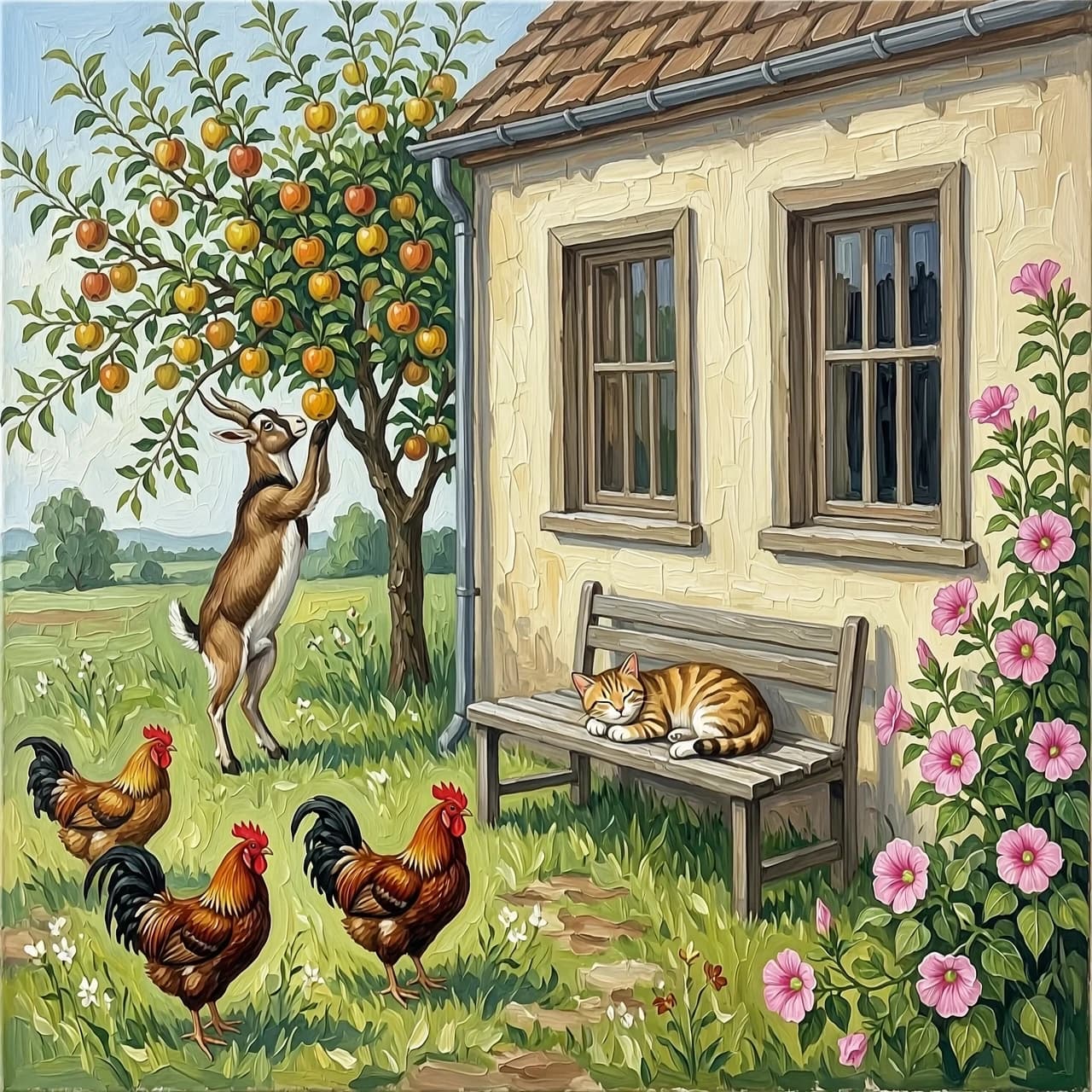 Рисунок маслом. Дом с двумя окнами. На заднем плане яблоня, коза стоит на задних лапах пытается достать верхнее яблоко. Перед окнами скамья без спинки, на ней спит кот. На углу дома цветет мальва. Гуляют  три куры и петух