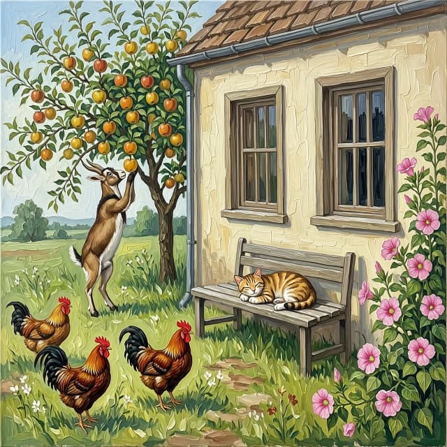 Рисунок маслом. Дом с двумя окнами. На заднем плане яблоня, коза стоит на задних лапах пытается достать верхнее яблоко. Перед окнами скамья без спинки, на ней спит кот. На углу дома цветет мальва. Гуляют  три куры и петух
