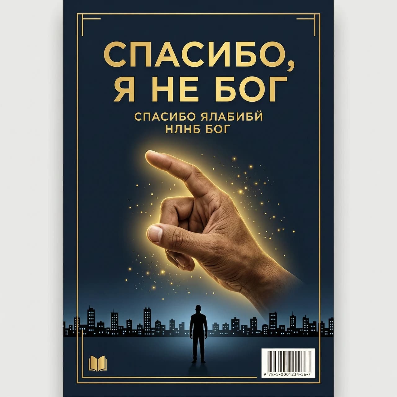 создай обложку книги на русском языке Фон: Тёмно-синий, почти чёрный, с лёгкой текстурой, напоминающей песок или пыль.
Центр: Крупным планом, вид от первого лица - ладонь направлена от нас и вперед— мужская рука, пальцы которой готовы к щелчку пальцами (большой и средний пальцы соединены, безымянный и мизинец прижаты к ладони, указательный смотрит в сторону от нас). Вокруг них — мягкое золотистое свечение.
Верхняя часть (крупно):
СПАСИБО, Я НЕ БОГ

Под текстом: Едва заметный силуэт одинокого человека на фоне бесконечного горизонта и ночного города
Цветовая гамма: Чёрный, тёмно-синий, золотой. Минимализм, строгость, атмосфера одиночества.