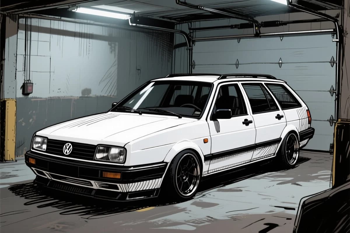Cel-shading A high-contrast sketch paint of 1990 white Volkswagen Passat B3 station wagon parked inside a real-world garage. The car features a custom hand-painted cel-shaded exterior, with bold black marker outlines manually drawn directly onto its body panels and edges. Real metallic car body with explicit black sketch strokes and handwritten shadow details on the paint.  sketch paint Cel-shading environment, dramatic garage lighting, 8k, hyper-detailed --ar 16:9 top 2/3