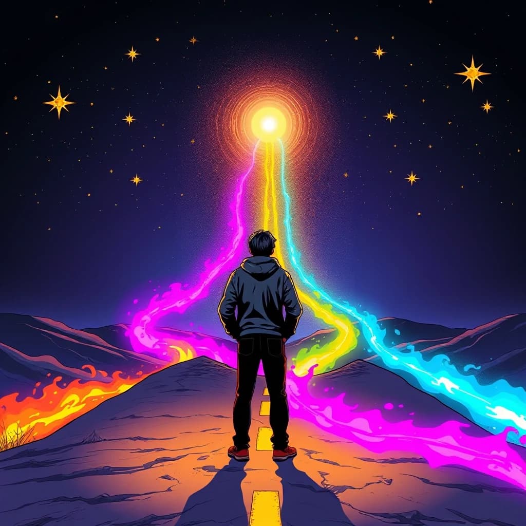 A person stands at a crossroads with infinite paths ahead — each glowing with a different color. They are not looking back. They are choosing with confidence. The sky above is filled with stars. Style: inspiring comic art, gold, purple, blue, luminous paths, epic choice.