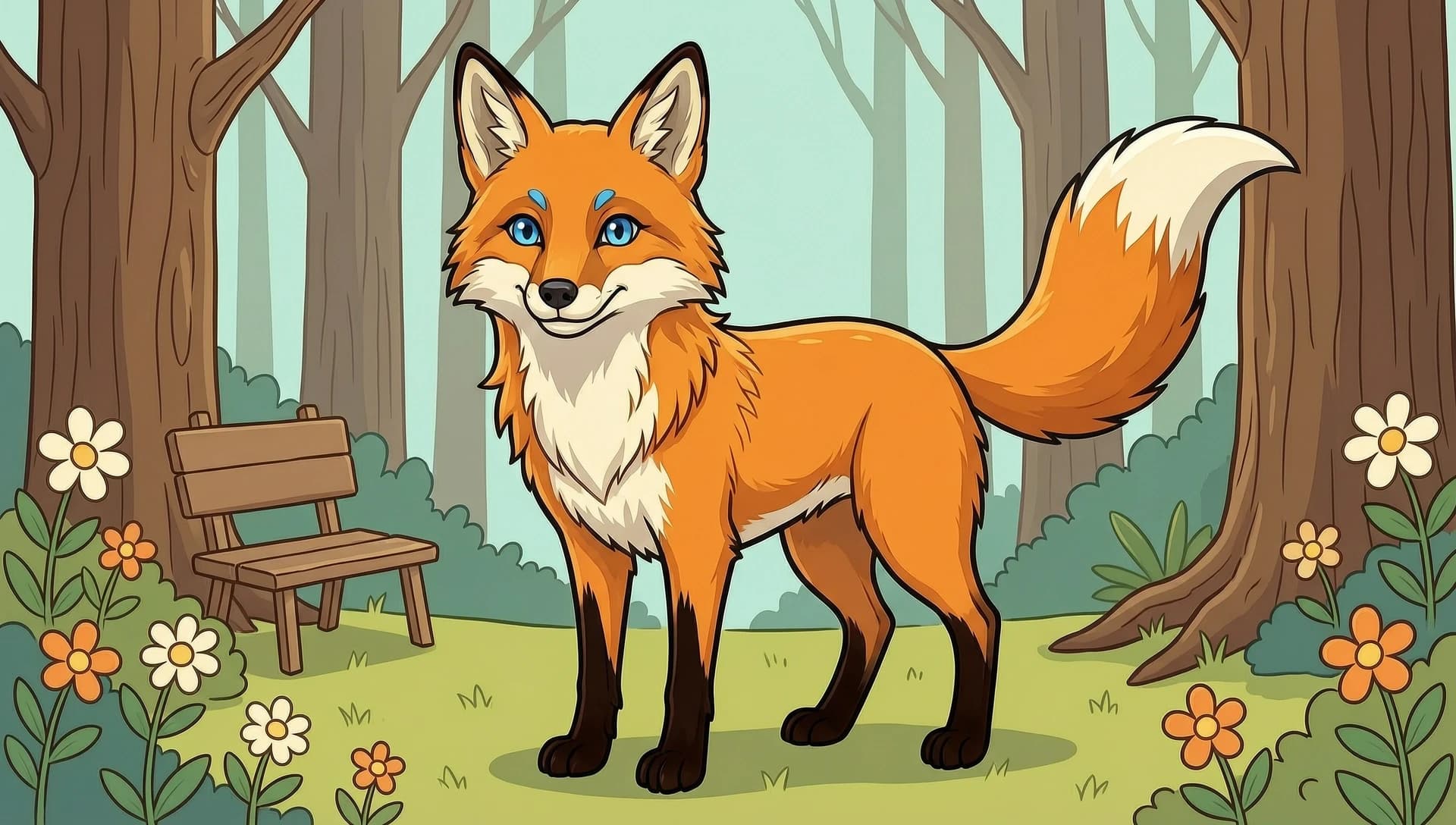 furry арт лиса собака основной цвет оранжевый жёлтый голубая чёлка голубые глаза  
стоит на двух лапах ростом с человека