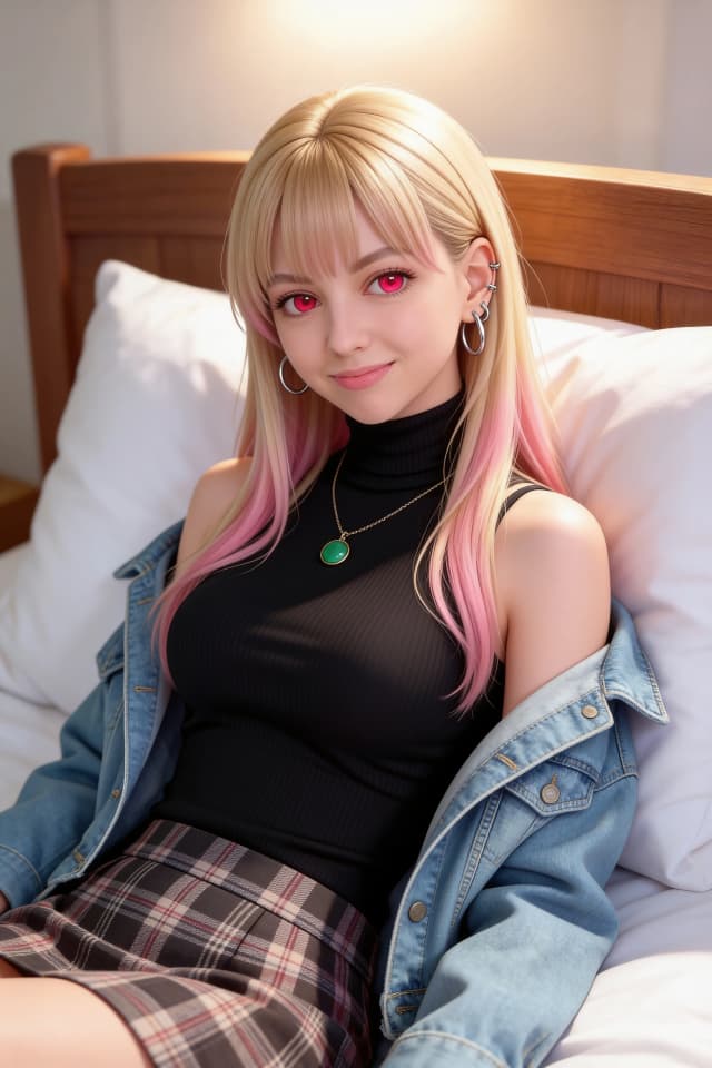 Photorealistic portrait, masterpiece, best quality, realistic young woman, long blonde hair with soft pastel pink gradient tips, slightly parted bangs, expressive vibrant red-pink eyes, multiple silver hoop ear piercings, delicate necklace with a round green pendant, wearing a form-fitting black turtleneck, over which is an open light blue denim jacket, and a plaid skirt. Smiling confidently, looking directly at the viewer. Sitting comfortably on a bed with white pillows and a wooden headboard, leaning back slightly. Cozy, light-filled bedroom setting. Soft, warm, diffused lighting from the front and slightly above, creating gentle highlights on skin and hair and smooth, soft shadows on clothing and face. Medium shot, waist-up framing, camera at eye level, equivalent focal length of 50mm. Shallow depth of field, face and torso in sharp focus, headboard and background softly blurred. Friendly, relaxed, warm, and open mood. Harmonious color palette: golden blonde hair with pink tips, contrasting black top, light blue jacket, vibrant pink eyes, neutral light background. Detailed makeup: light even skin with a soft blush, expressive eyeliner, long lashes, thin eyeliner wings, neat brows, natural lip shade with slight gloss. Centered composition, character in sharp focus, background softly blurred. Avoid: Cartoonish rendering, anime style, explicit poses, inappropriate elements, anatomical errors, distorted fingers, blurry eyes, low resolution, generation artifacts. Critical Rules: Preserve key features: long blonde hair with pink gradient ends, bright red-pink eyes, ear piercings, necklace with green pendant, realistic proportions and anatomy. Natural photographic appearance, not composited. Photorealistic rendering, high detail in textures, 8K quality.