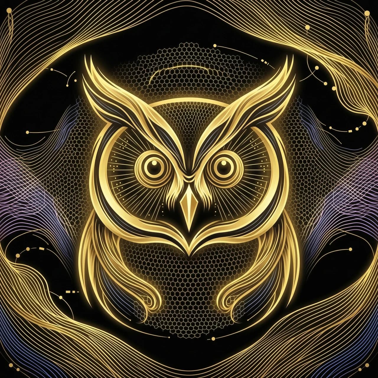 A minimalistic digital illustration of a owl, front view, created with elegant fluid golden lines and glowing dynamic wave patterns, intricate mesh and wireframe textures, abstract flowing mane blowing in the wind, shimmering gold threads on a solid deep black background, luxurious aesthetic, highly detailed, vector art style, contrast lighting, 8k resolution, generative art