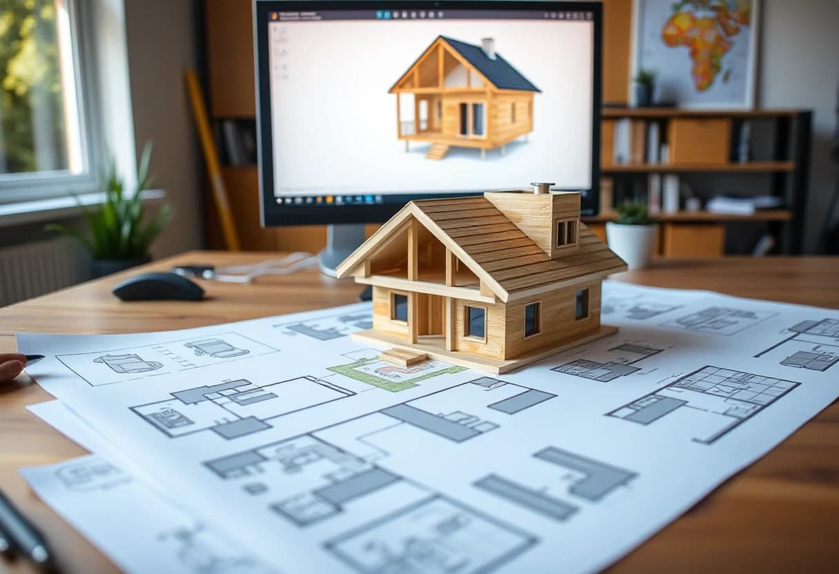 Close-up architectural shot of a modern frame house blueprint and 3D floor plans spread out on a wooden desk. A stylized wooden architectural model of a Scandinavian house sits on the drawings. Behind it, a modern computer screen displays a digital CAD engineering model of a house frame. Professional design studio atmosphere, soft natural lighting, photorealistic, 8k resolution, highly detailed, crisp focus.