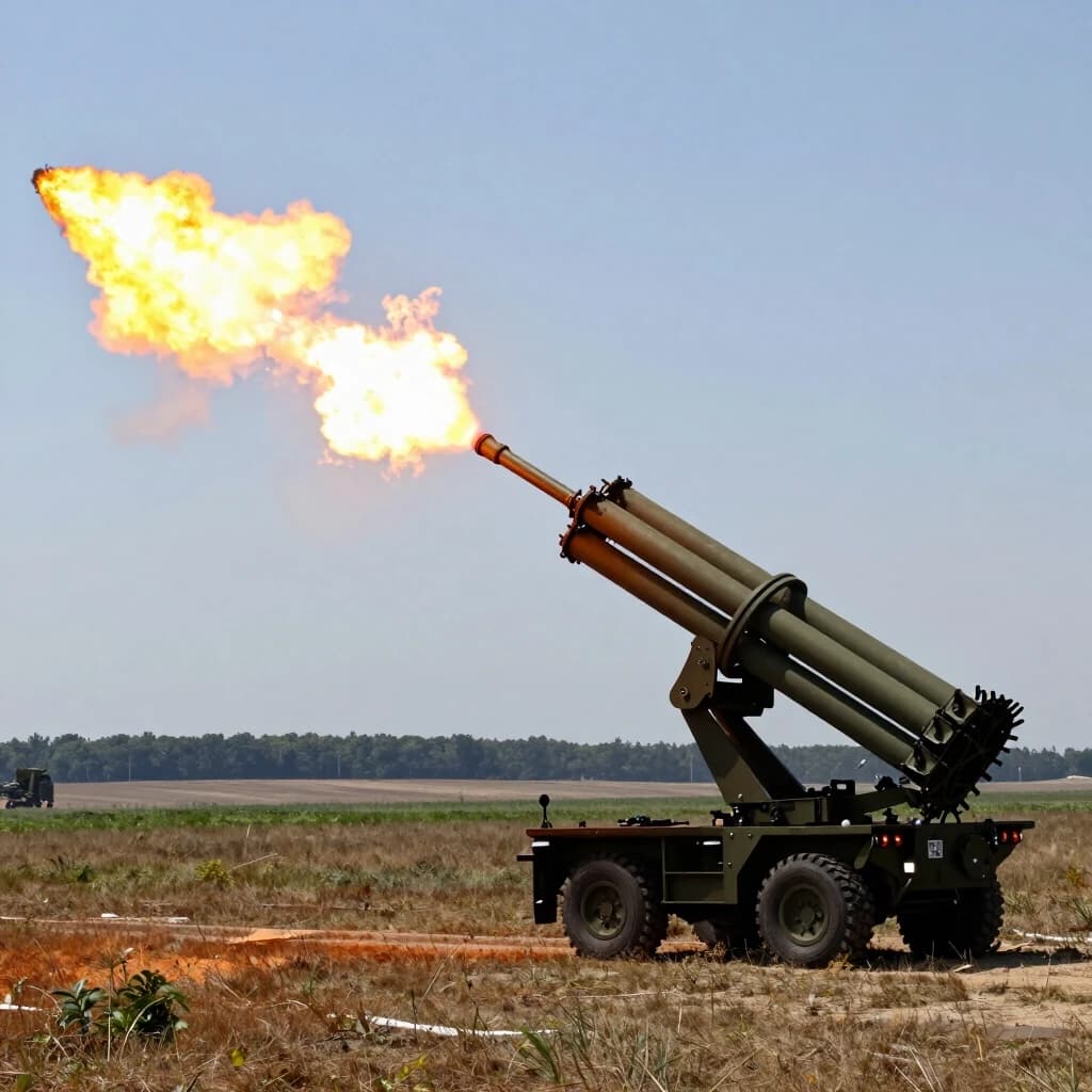 Standing in the field in summer, HIMARS are firing
